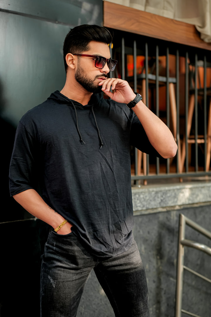 Black Slub Self Design Hooded T-Shirt