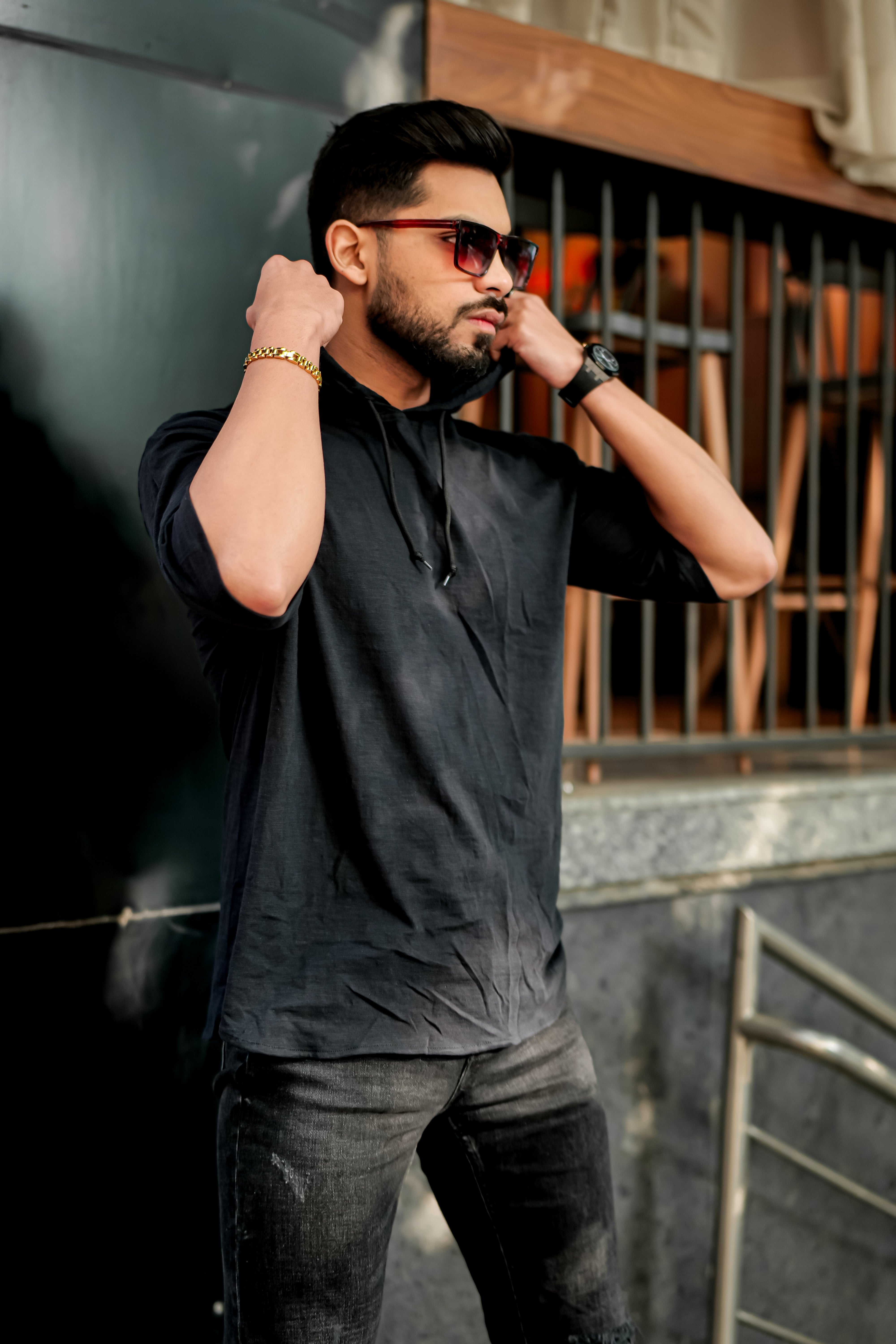 Black Slub Self Design Hooded T-Shirt