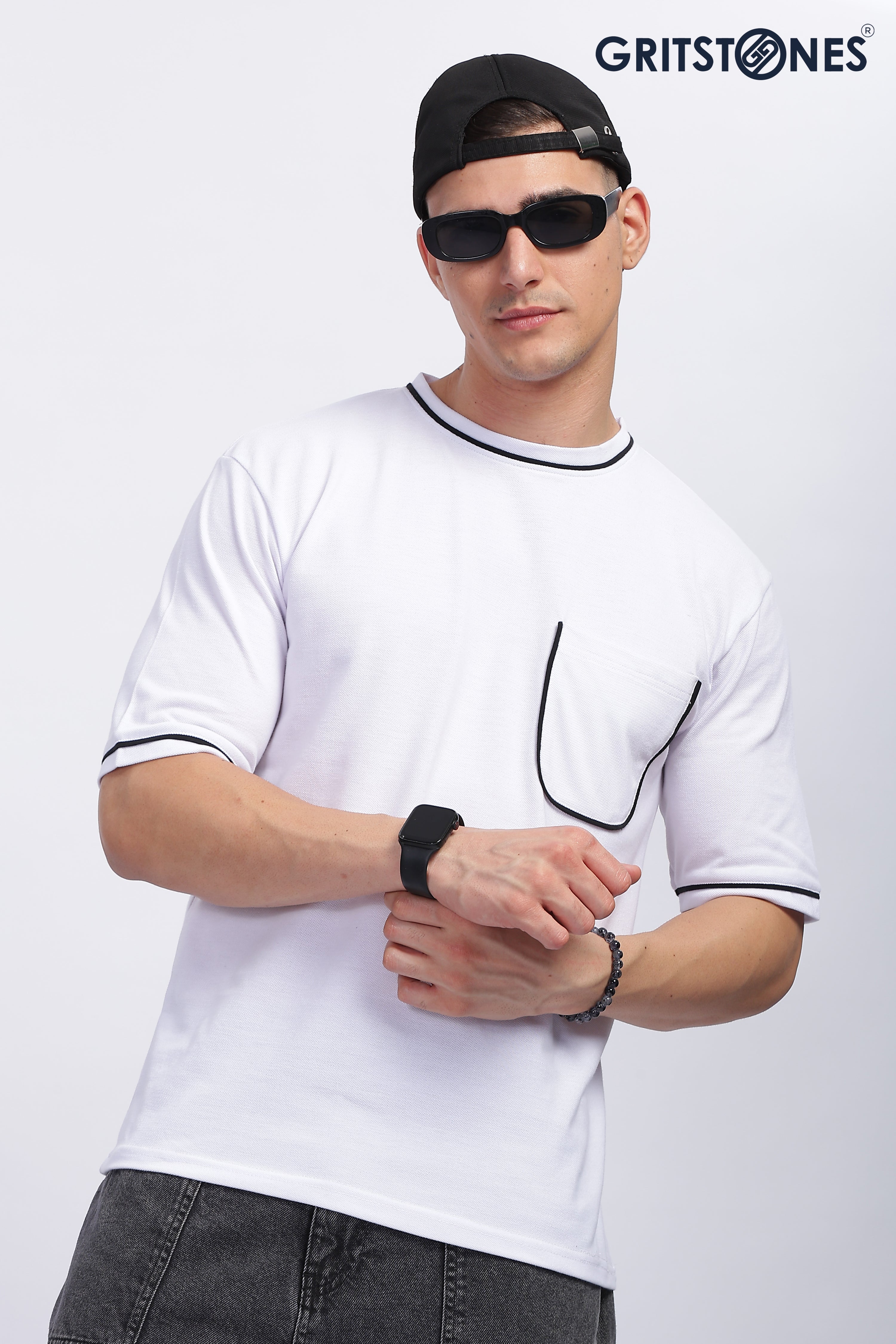 White Oversized Self Design Pocket T-Shirt