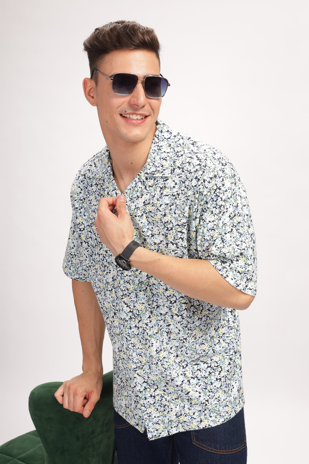 White Floral Revere Collar Shirt