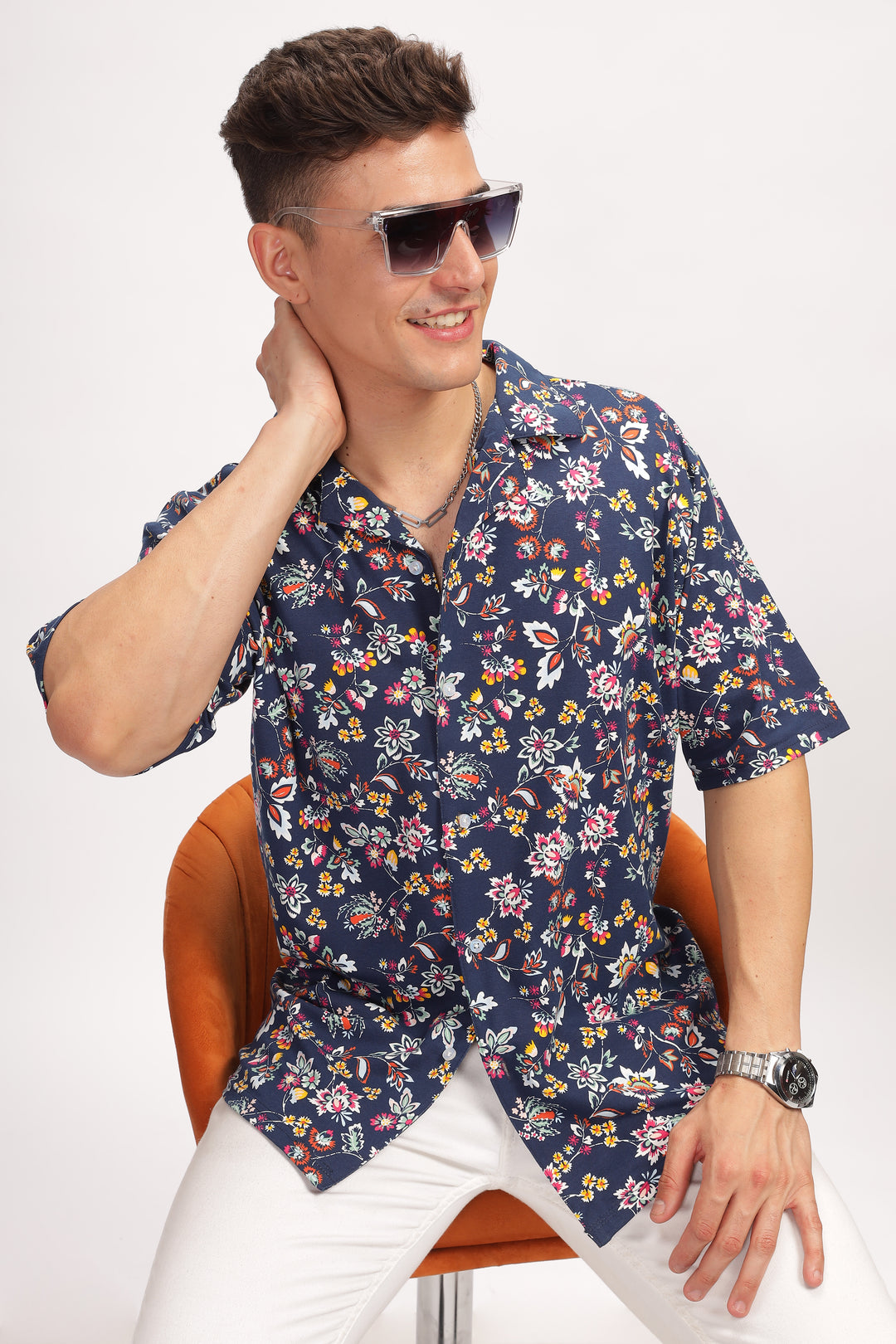 Navy Blue Floral Revere Collar Shirt