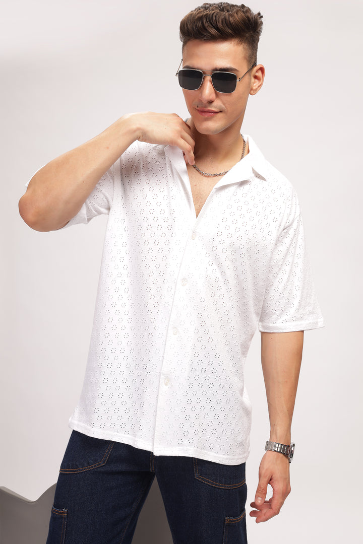 White Oversized Self Design Shirt