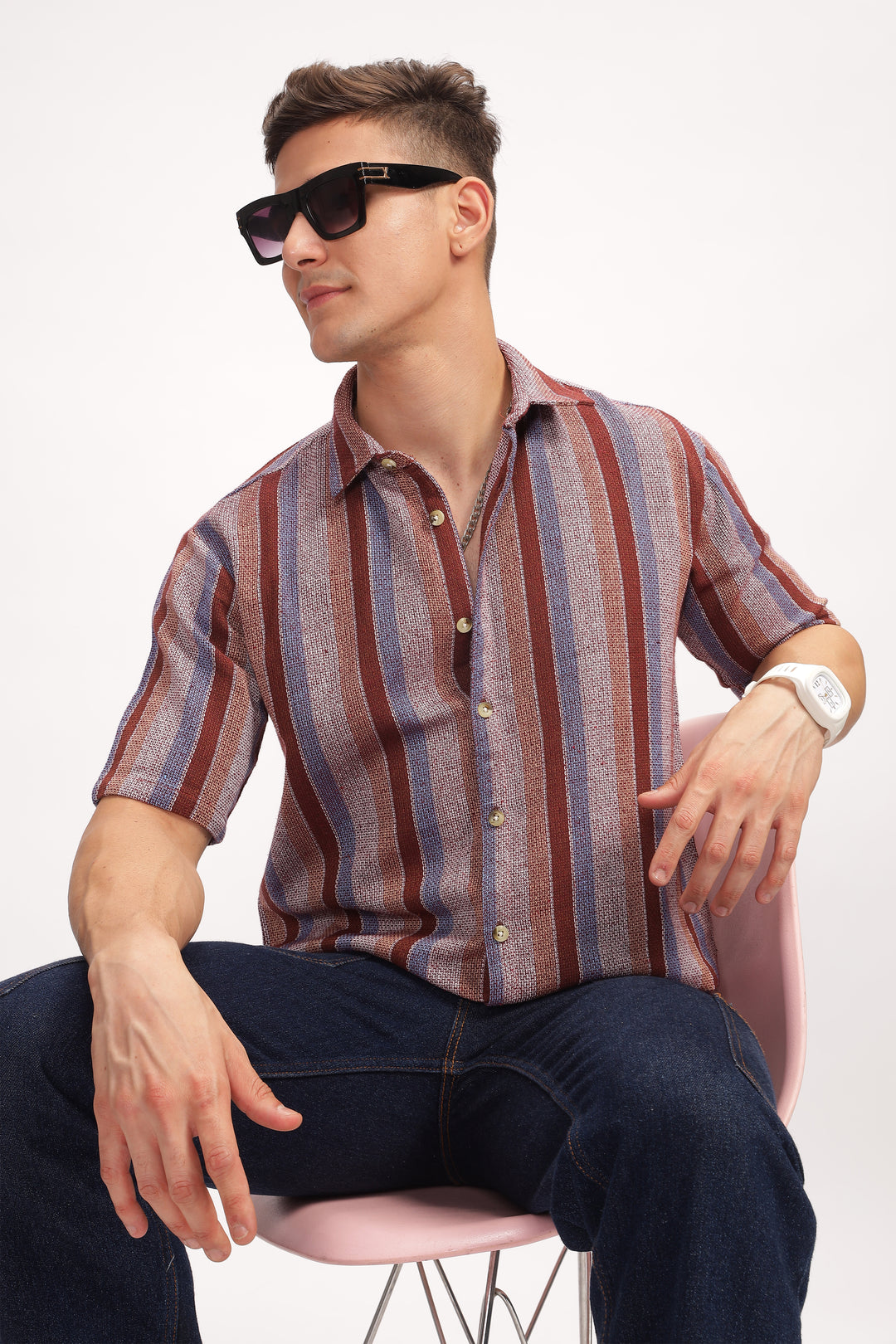 Wine Stripe Self Design Textured Shirt