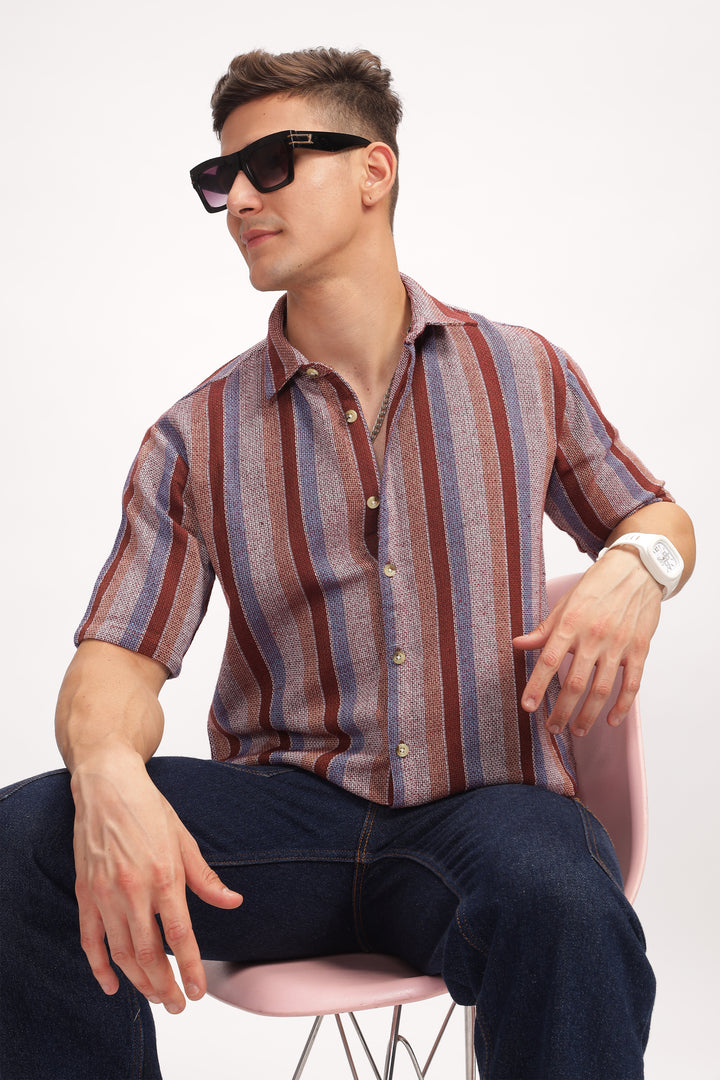 Wine Stripe Self Design Textured Shirt