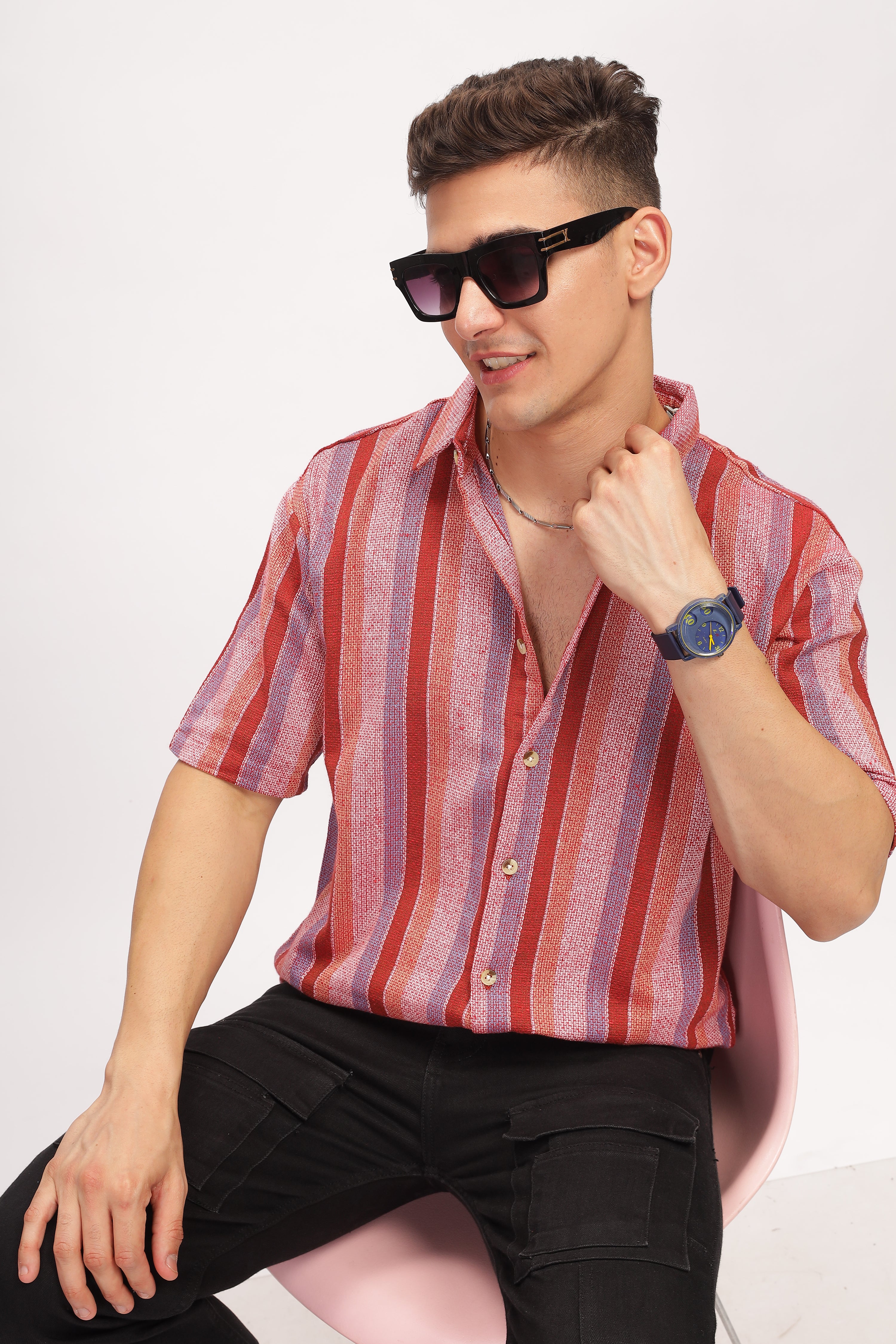 Red Striped Self Design Textured Shirt