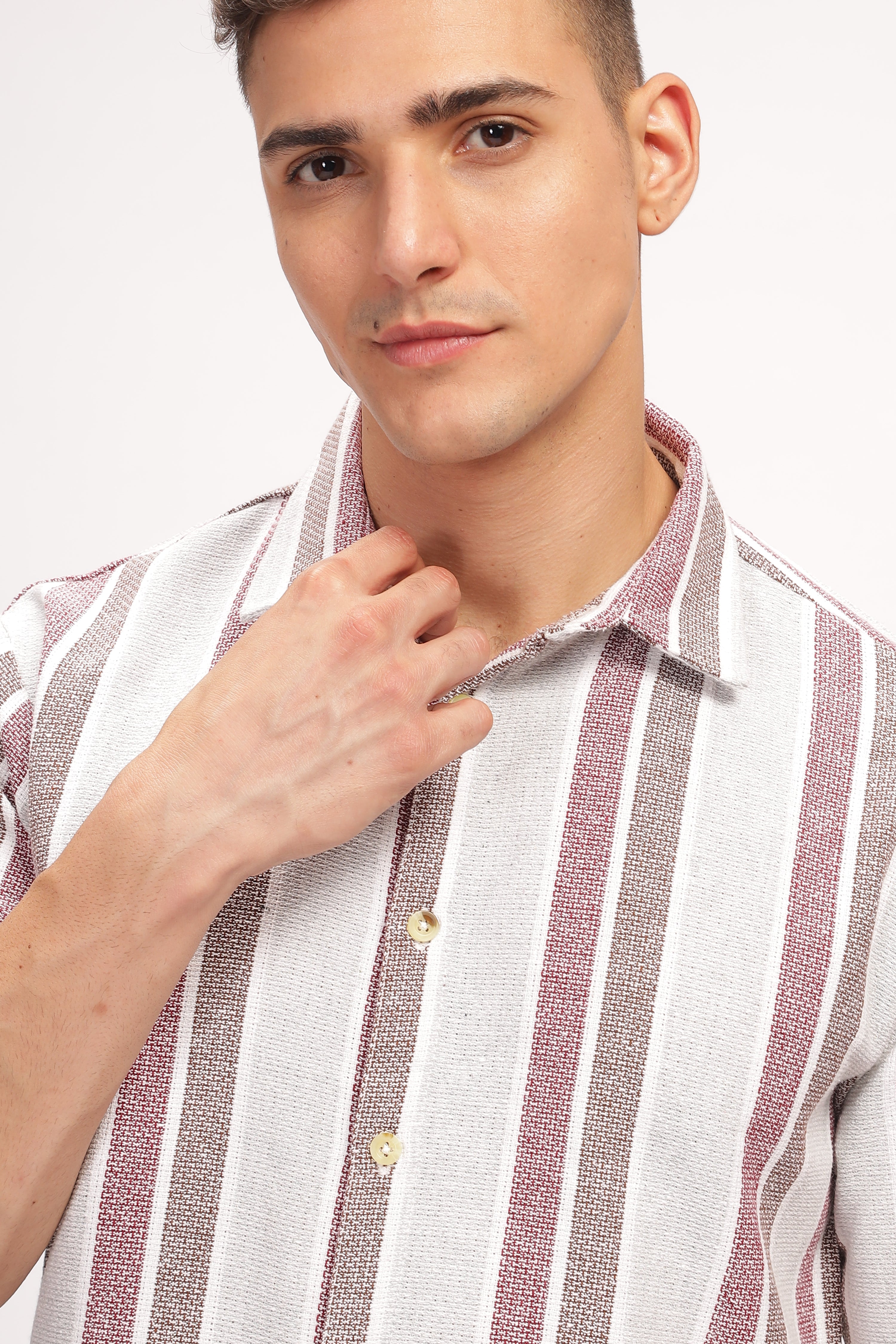 White Self Design Textured Striped Shirt