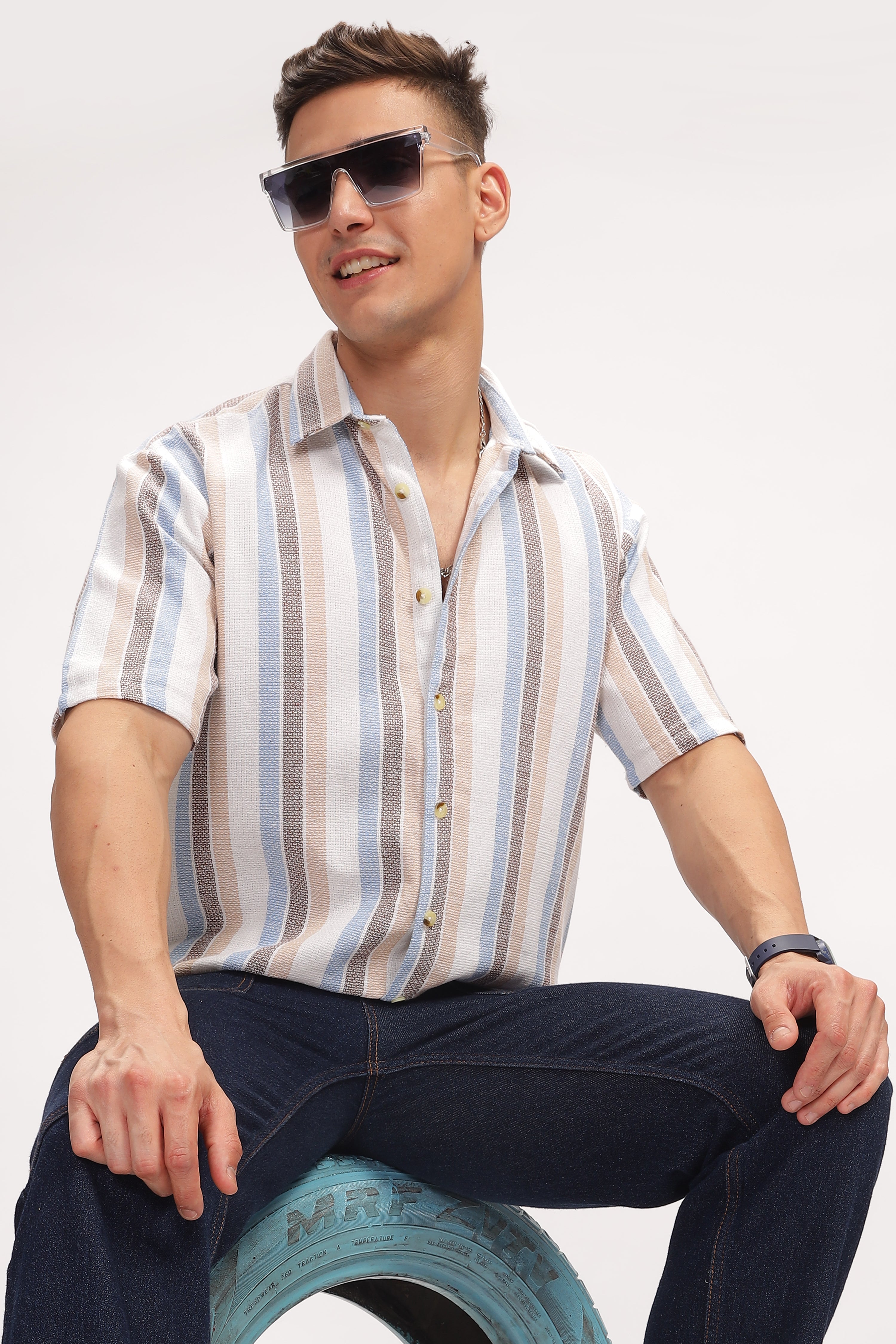 Multicolor Self Design Textured Striped Shirt