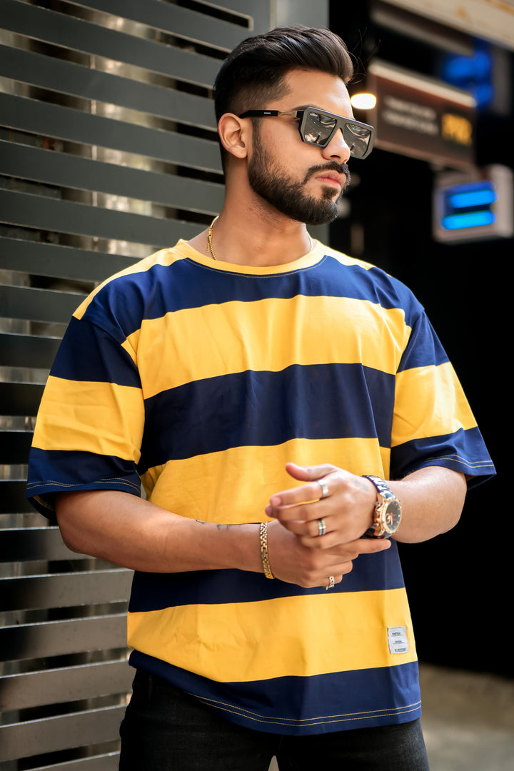 Yellow Navy Oversized Color Block T-Shirt
