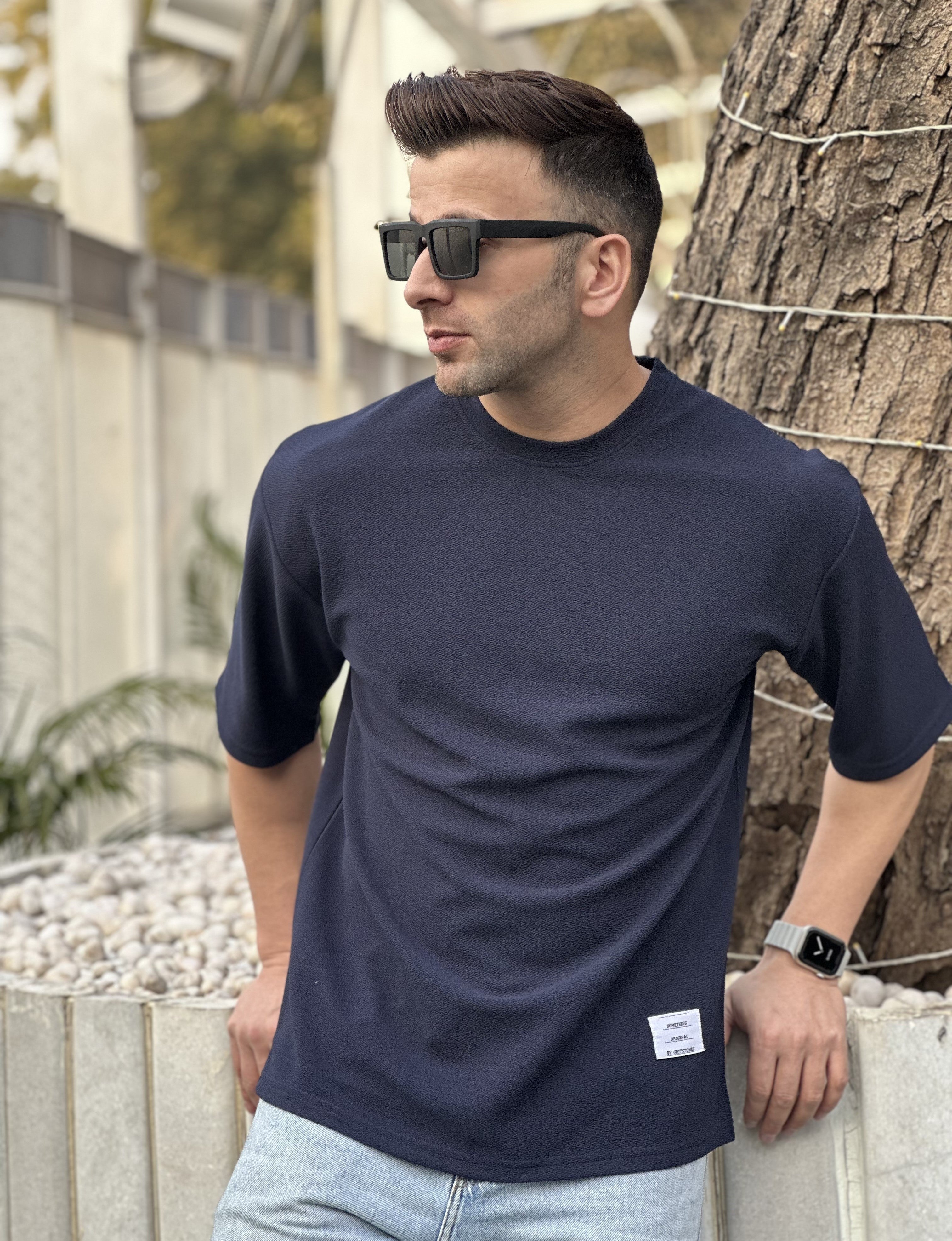 Navy Oversized Self Design T-Shirt
