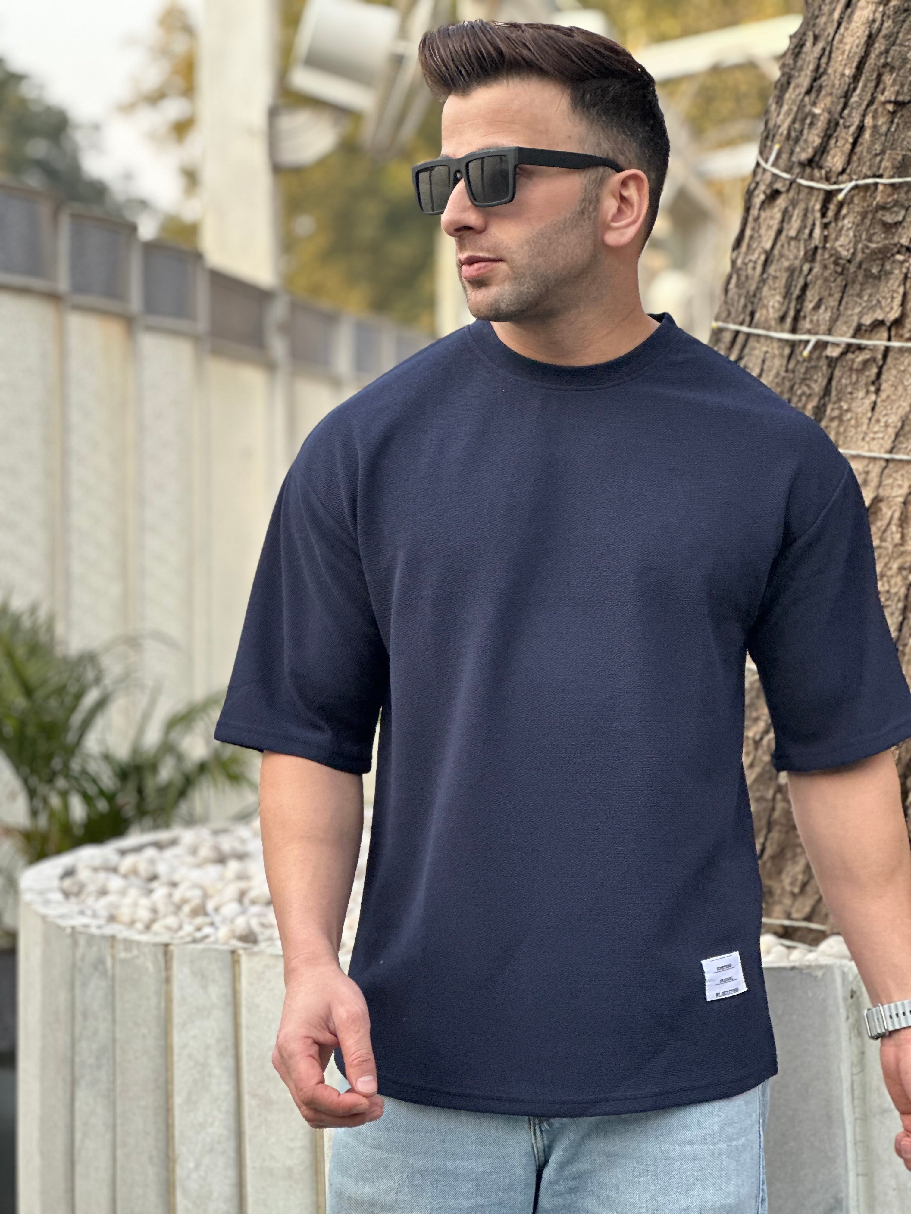 Navy Oversized Self Design T-Shirt
