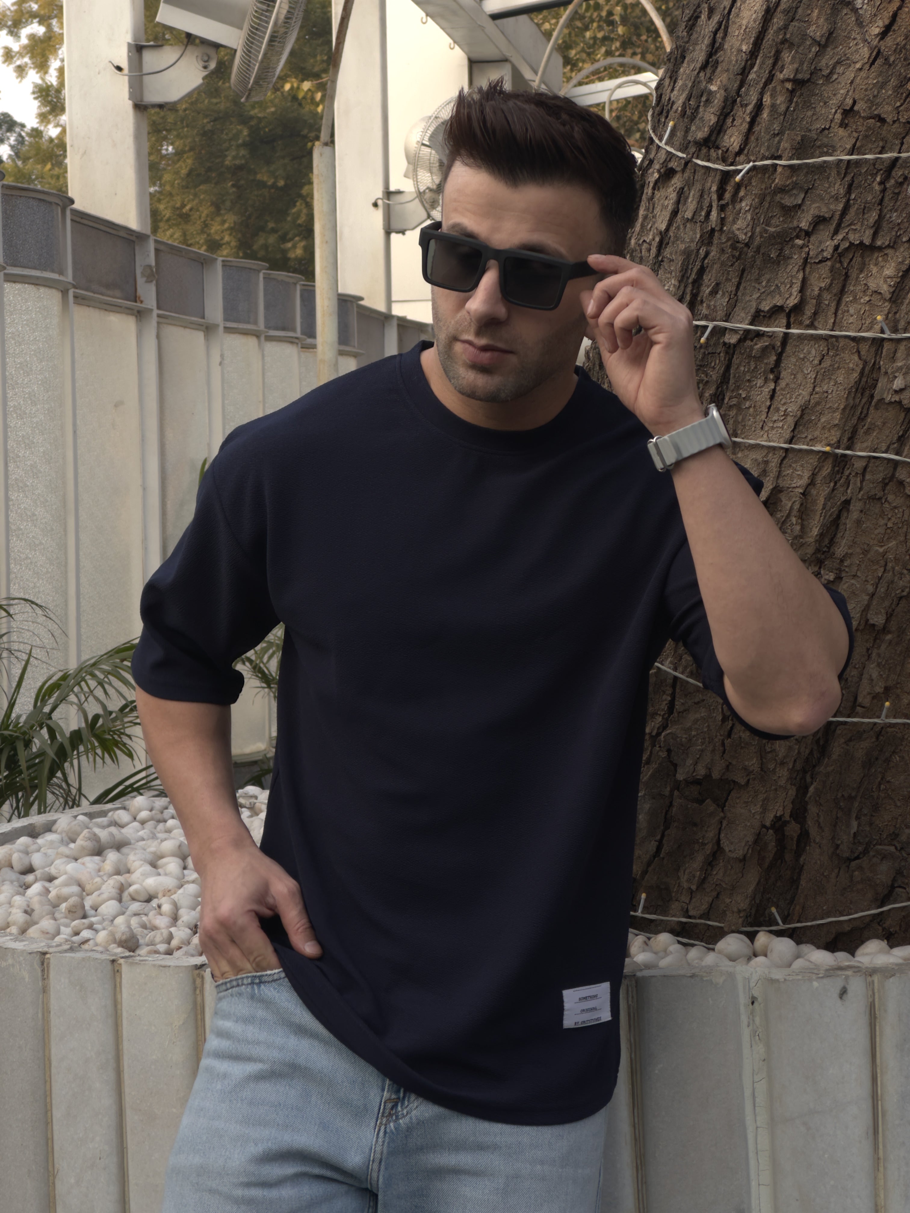 Navy Oversized Self Design T-Shirt