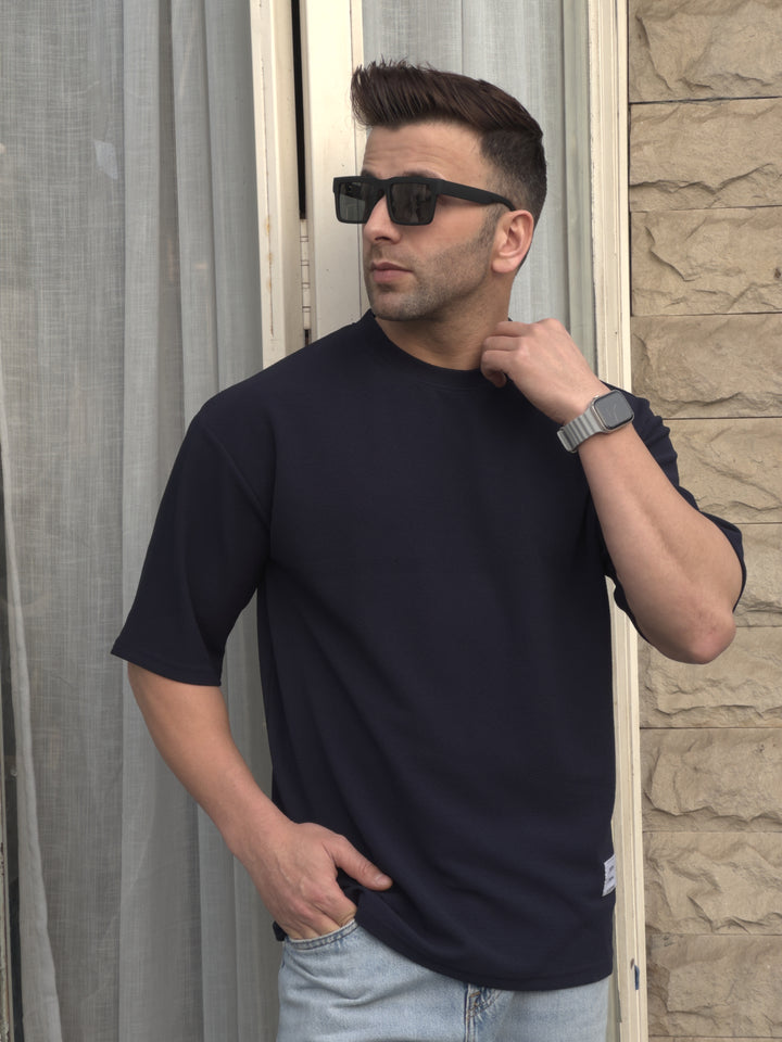 Navy Oversized Self Design T-Shirt
