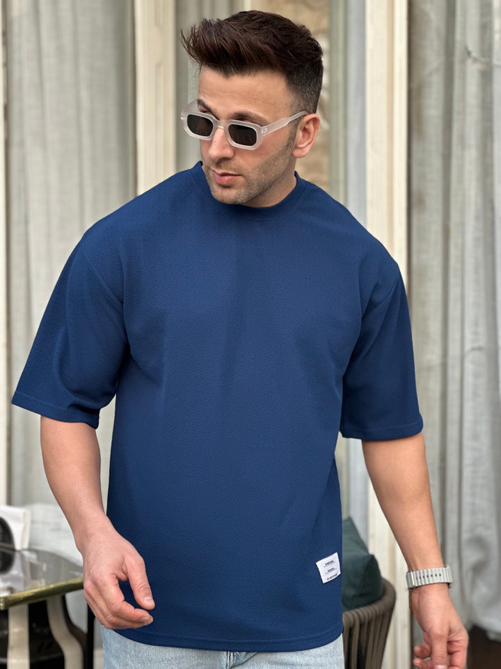 Teal Blue Oversized Self Design Textured T-Shirt