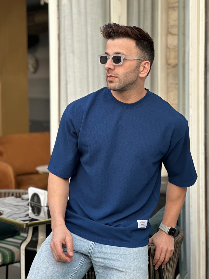 Teal Blue Oversized Self Design Textured T-Shirt