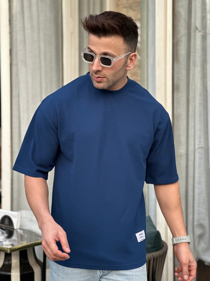 Teal Blue Oversized Self Design Textured T-Shirt