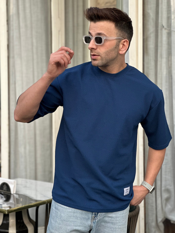 Teal Blue Oversized Self Design Textured T-Shirt