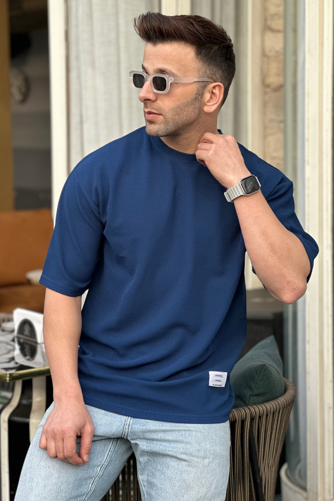 Teal Blue Oversized Self Design Textured T-Shirt