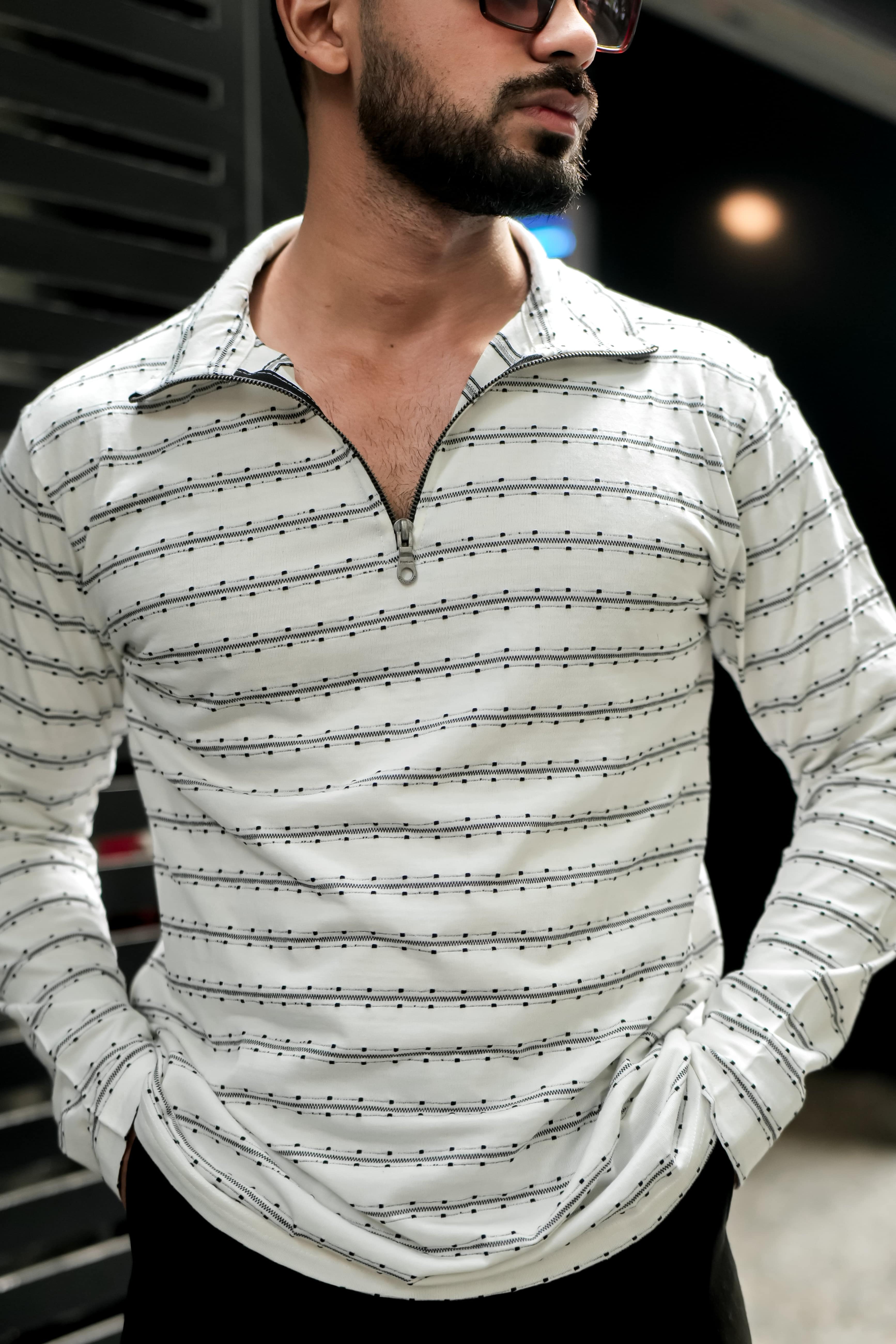 White Broad Stripe Self Design T-Shirt