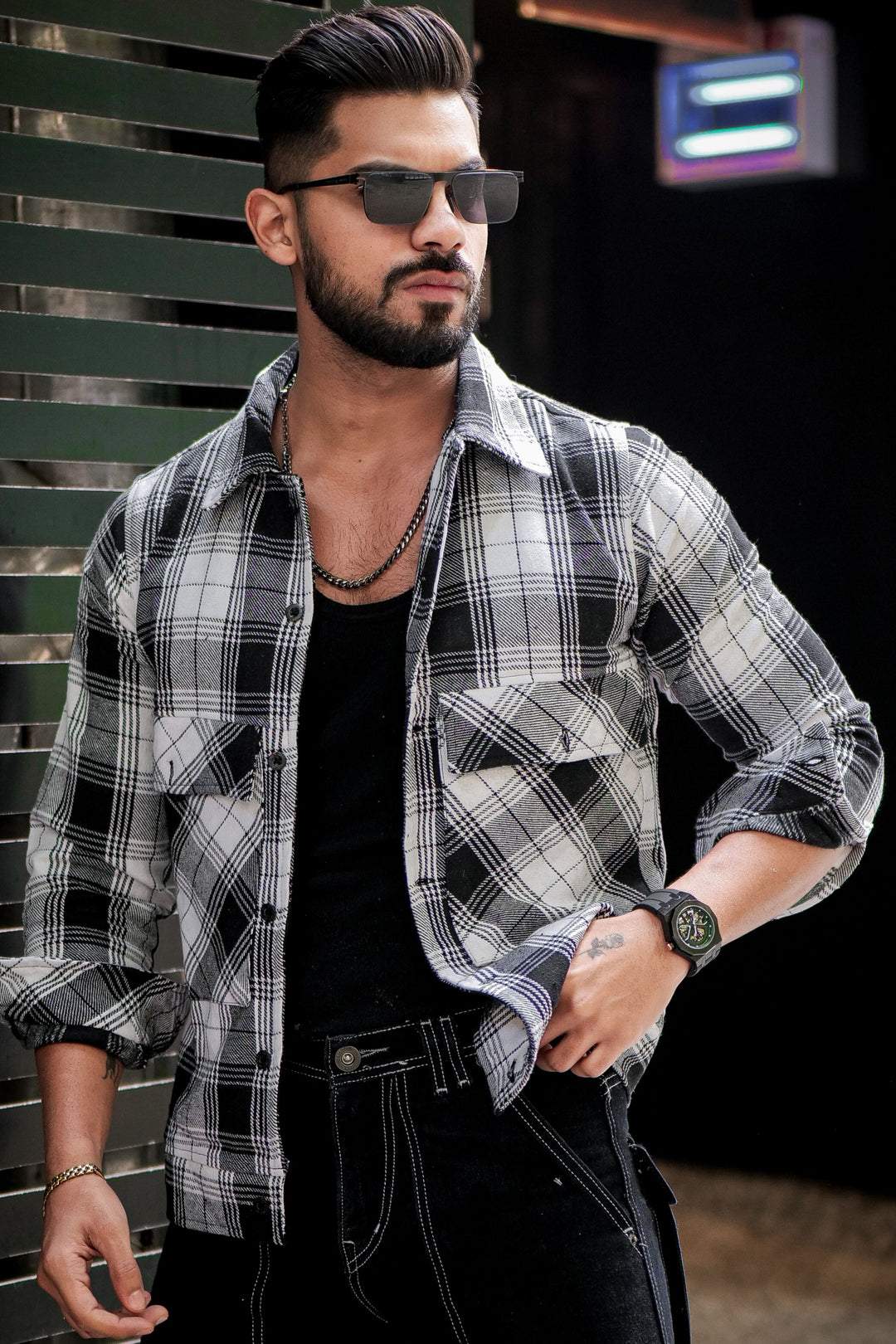 Black Check Double Pocket Over Shirt