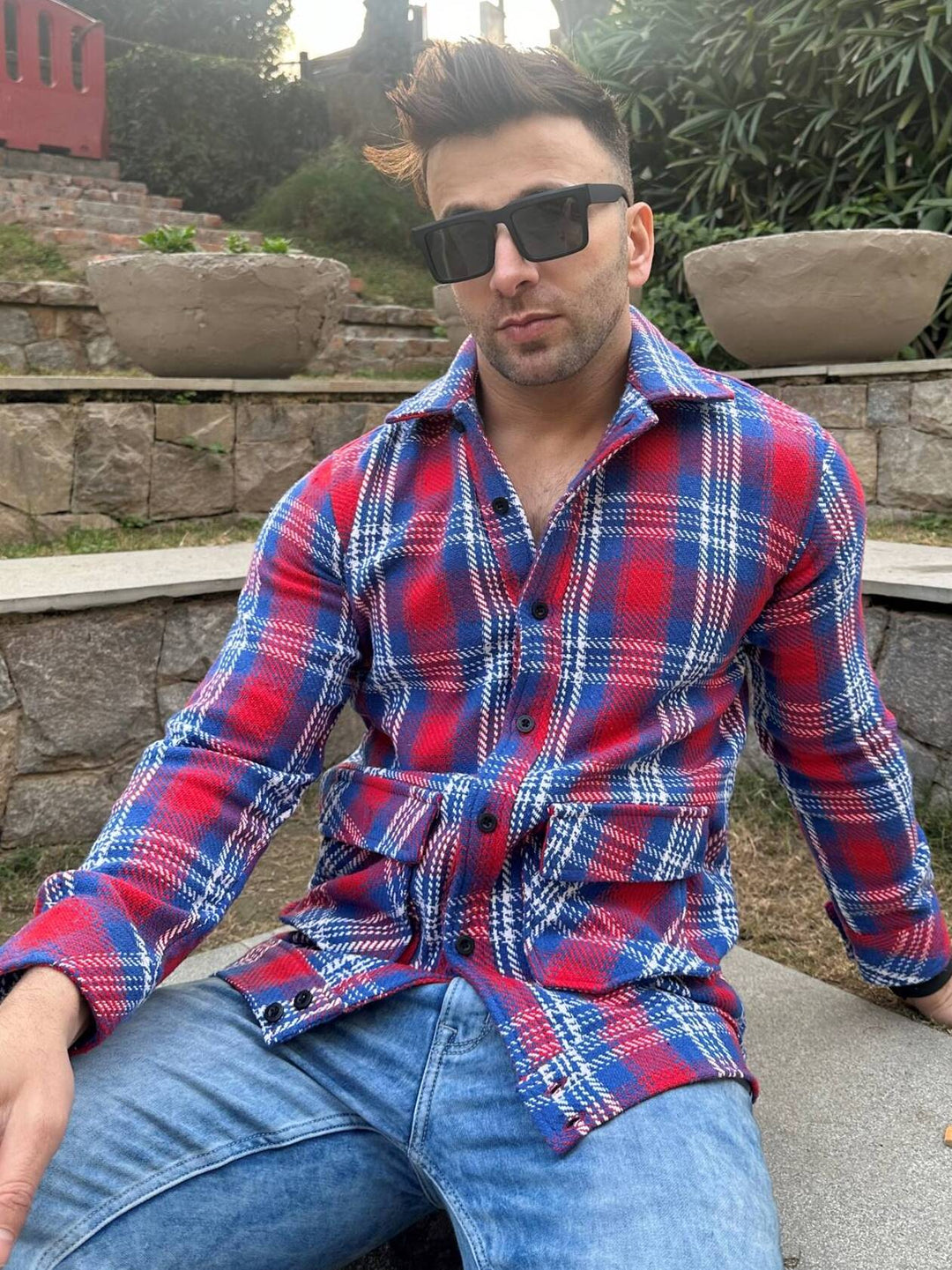 Gritstones Red Blue Checked Double Pocket Over Shirt