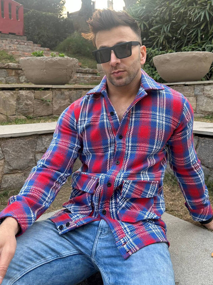 Red Blue Checked Double Pocket Over Shirt
