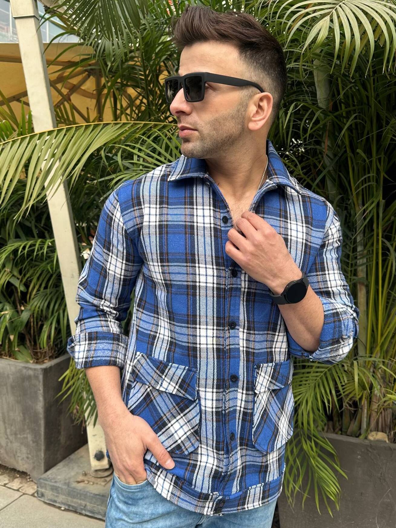 Blue Check Double Pocket Over Shirt