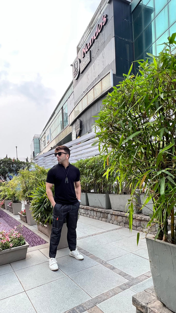 BLACK ELASTICATED DENIM CARGO PANTS