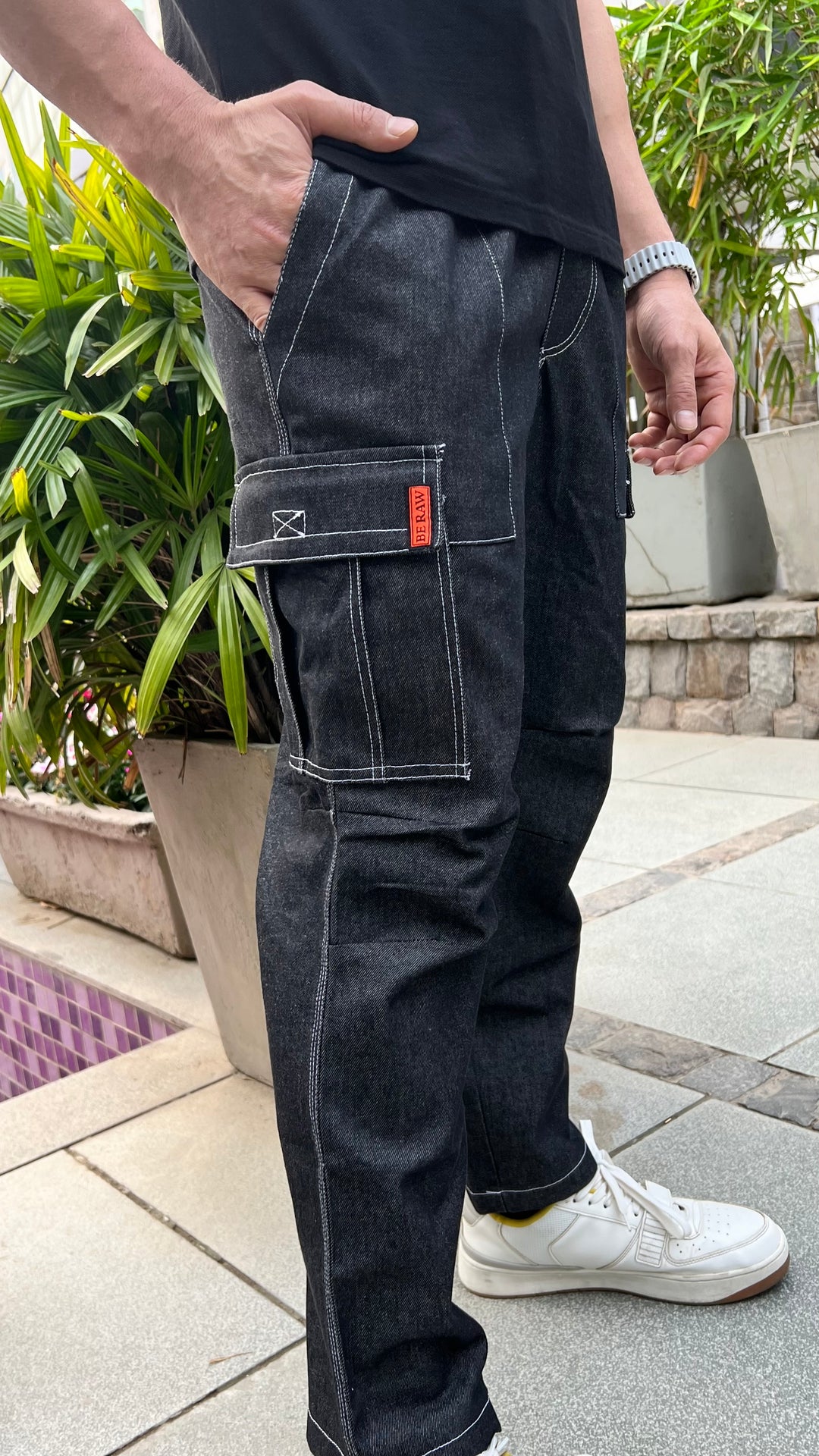 BLACK ELASTICATED DENIM CARGO PANTS
