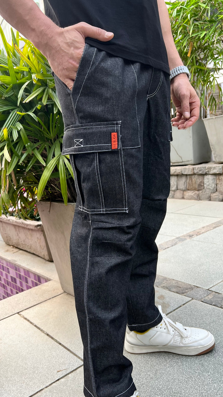 BLACK ELASTICATED DENIM CARGO PANTS