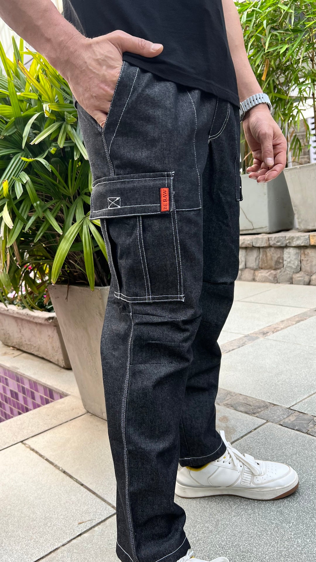 BLACK ELASTICATED DENIM CARGO PANTS