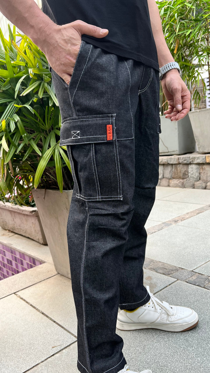 BLACK ELASTICATED DENIM CARGO PANTS