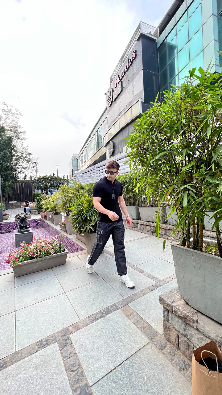 BLACK ELASTICATED DENIM CARGO PANTS
