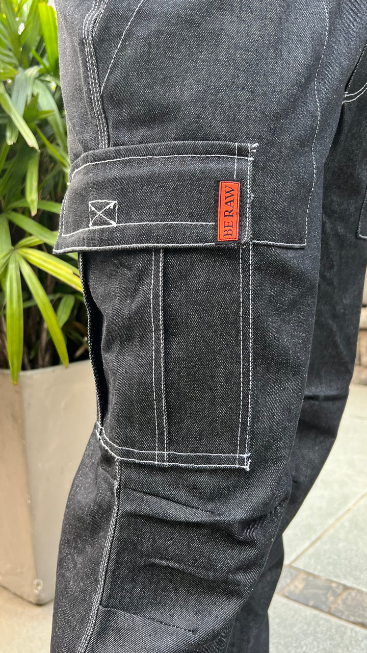 BLACK ELASTICATED DENIM CARGO PANTS