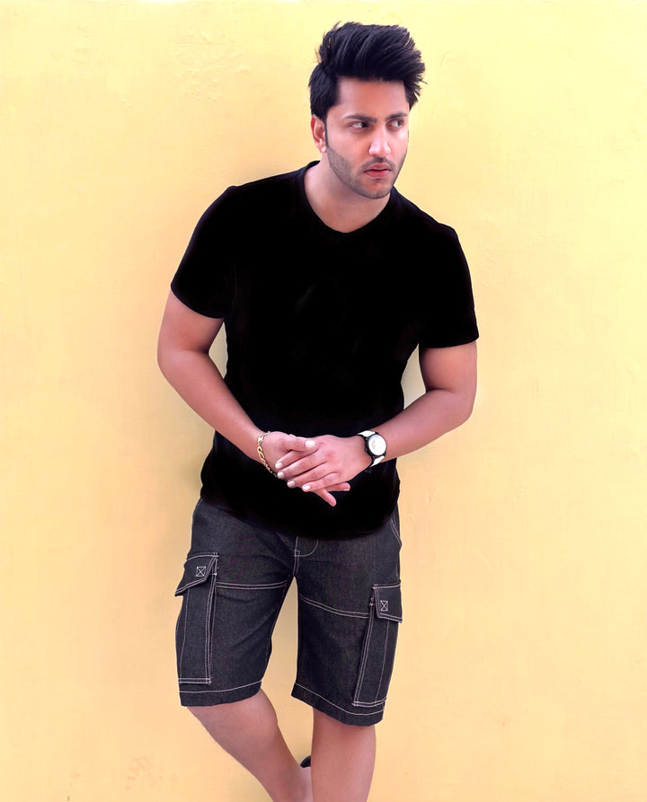 Black Denim Stitched Shorts