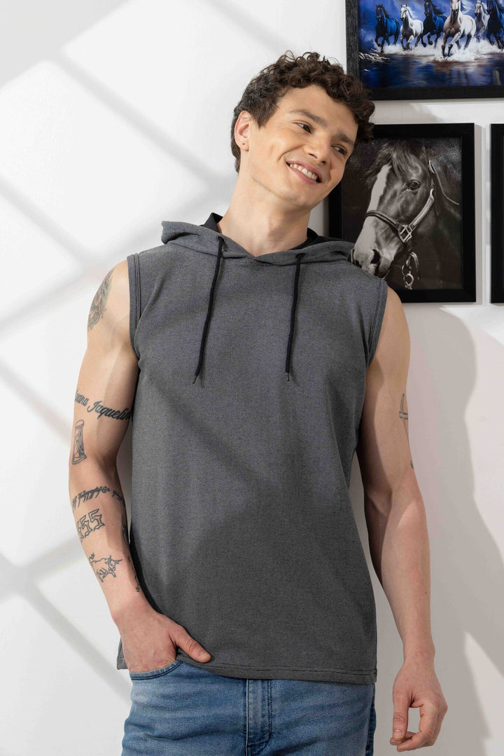 Dark Grey Sleeveless Cotton Hooded T-Shirt