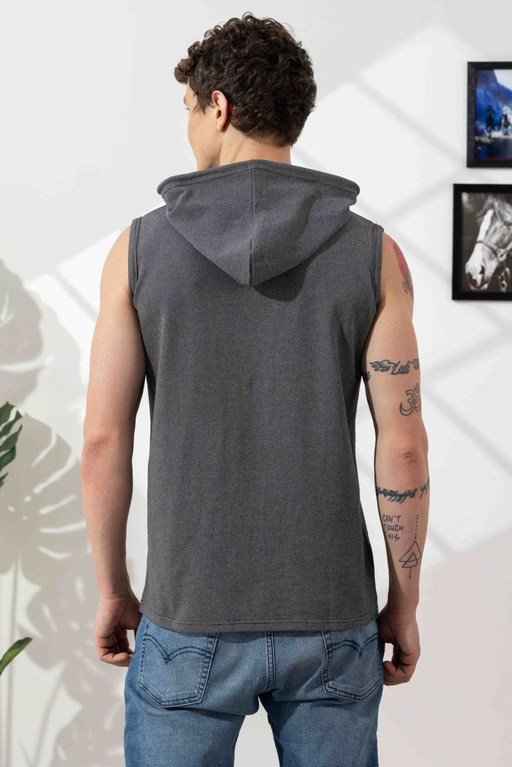 Dark Grey Sleeveless Cotton Hooded T-Shirt