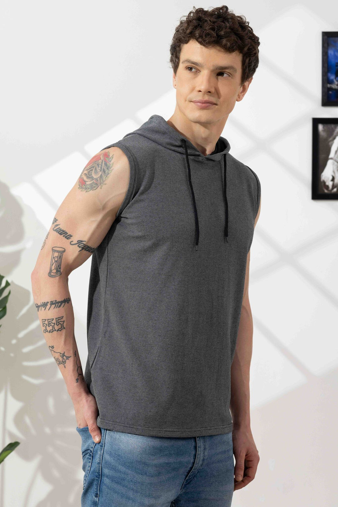 Dark Grey Sleeveless Cotton Hooded T-Shirt