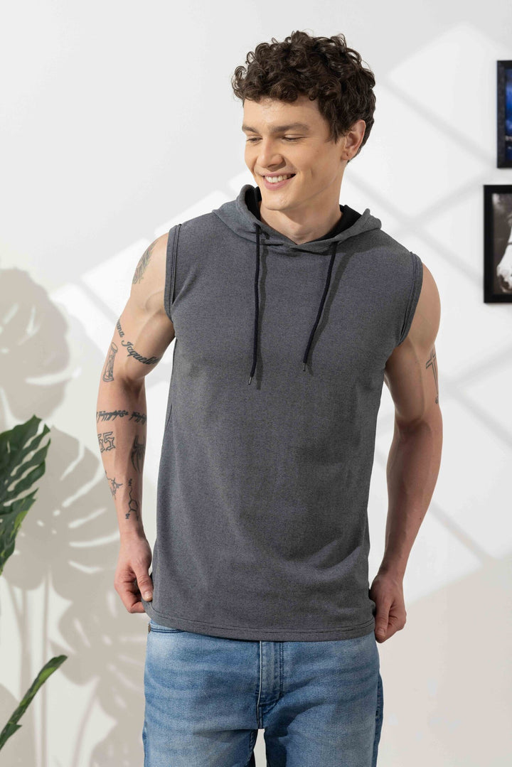 Dark Grey Sleeveless Cotton Hooded T-Shirt