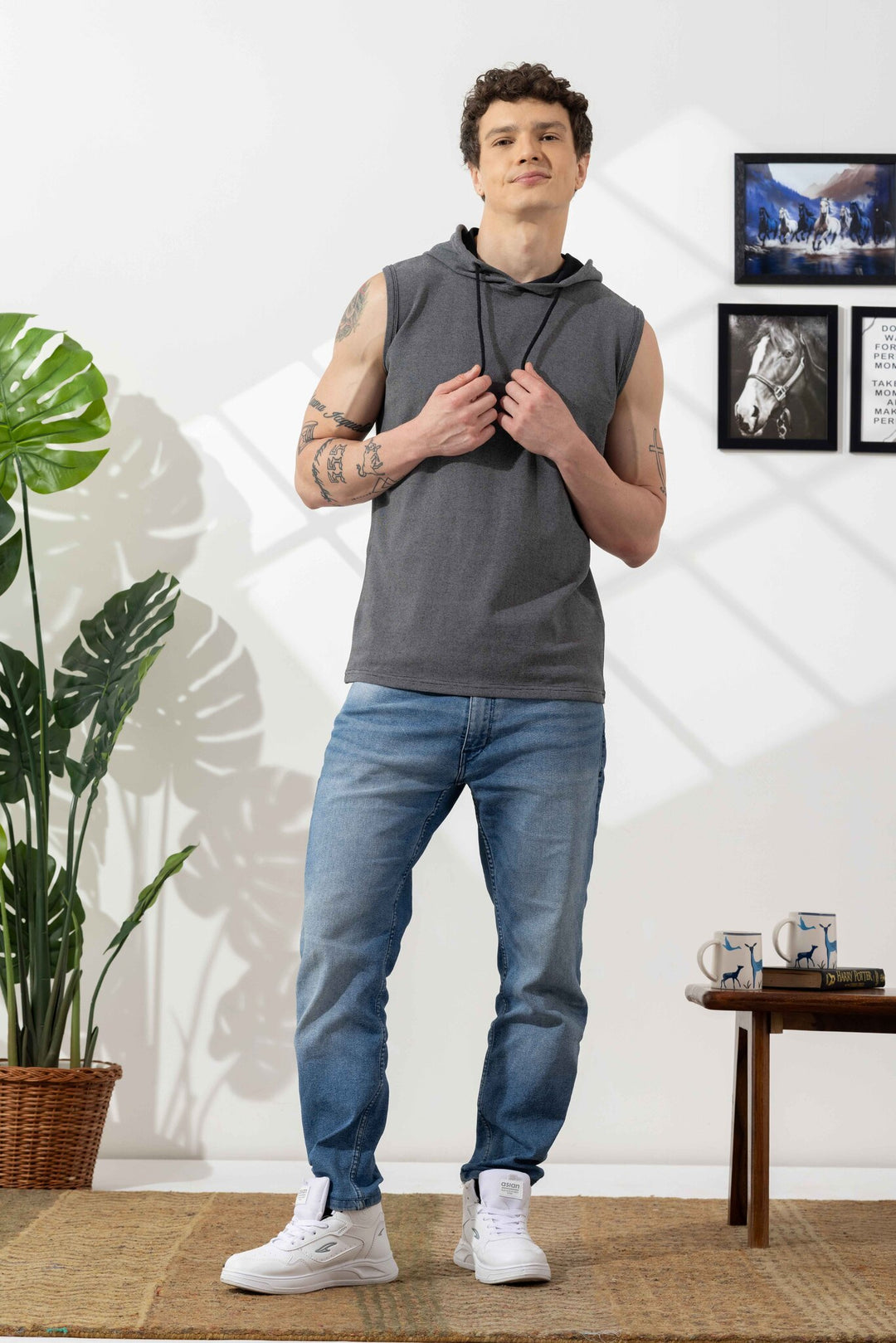 Dark Grey Sleeveless Cotton Hooded T-Shirt