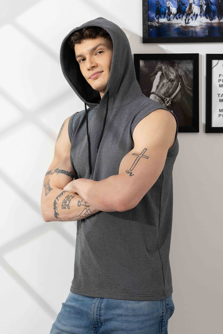 Dark Grey Sleeveless Cotton Hooded T-Shirt