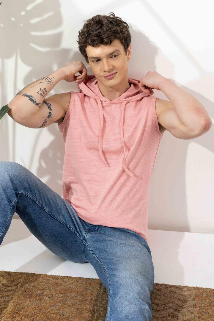 Pink Sleeveless Cotton Hooded T-Shirt