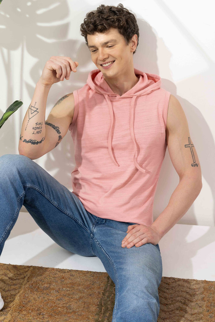 Pink Sleeveless Cotton Hooded T-Shirt