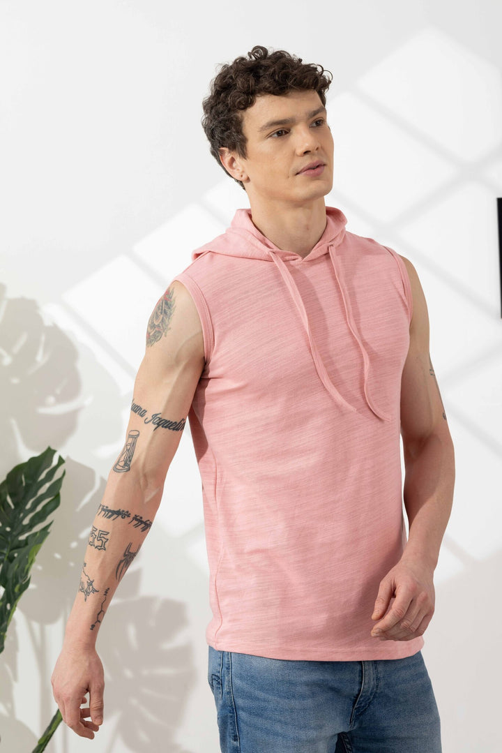 Pink Sleeveless Cotton Hooded T-Shirt