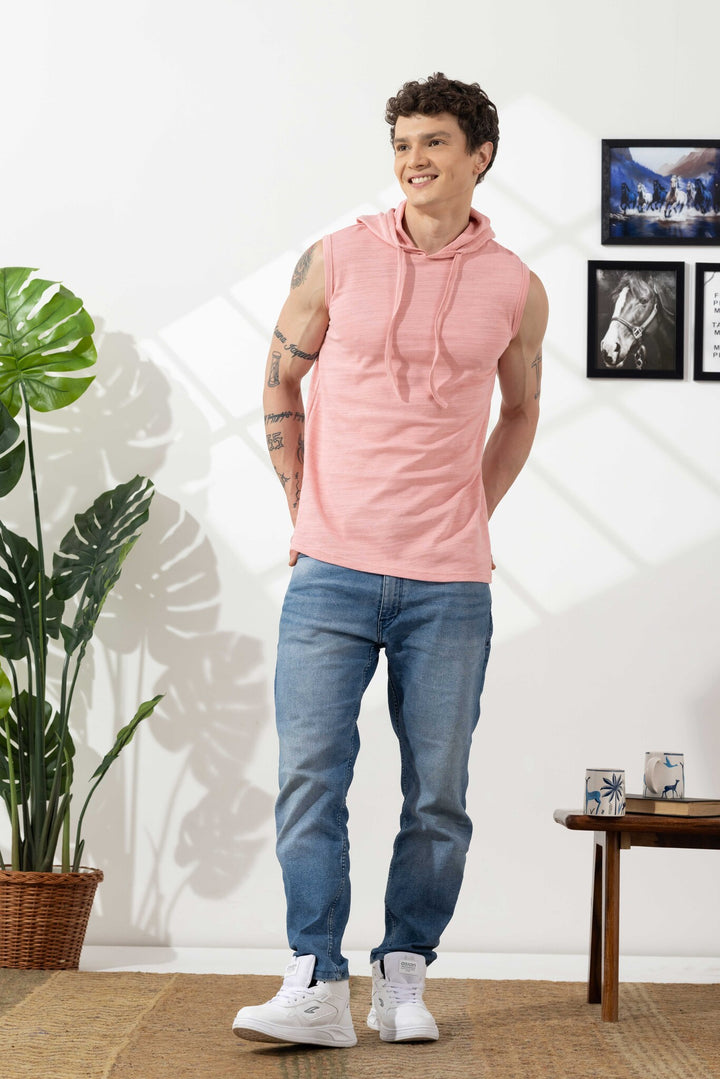 Pink Sleeveless Cotton Hooded T-Shirt