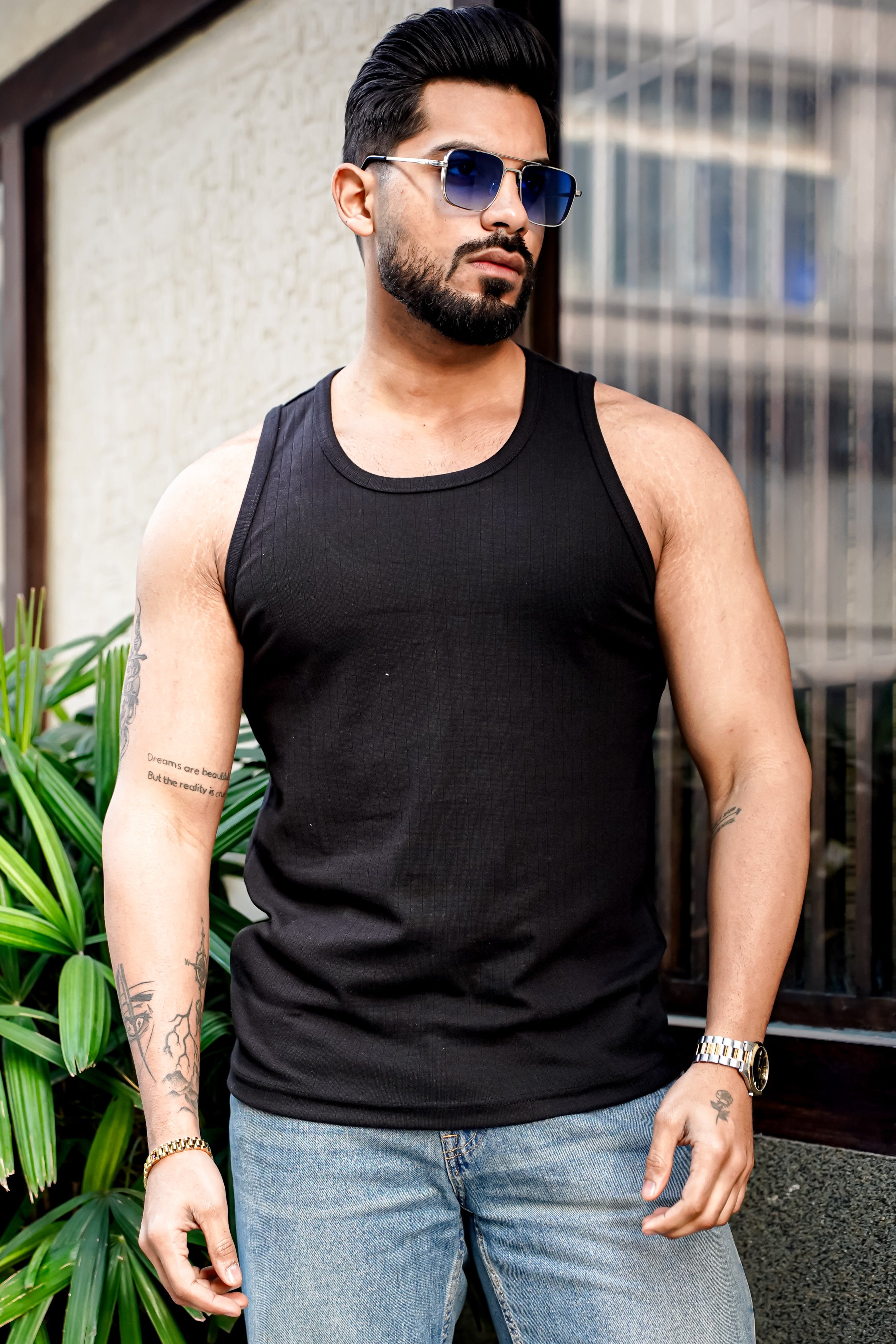 Black Self Design Casual Vest