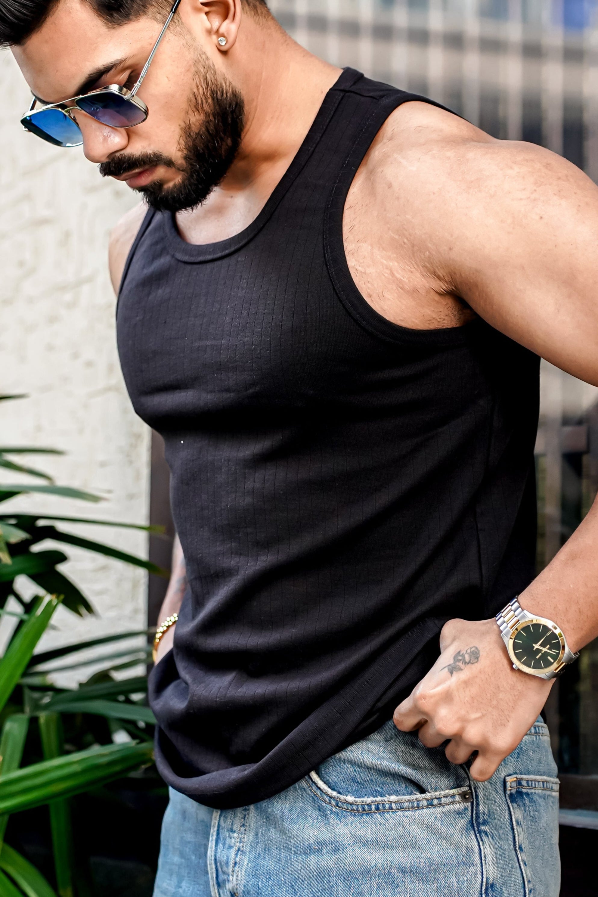 Black Self Design Casual Vest