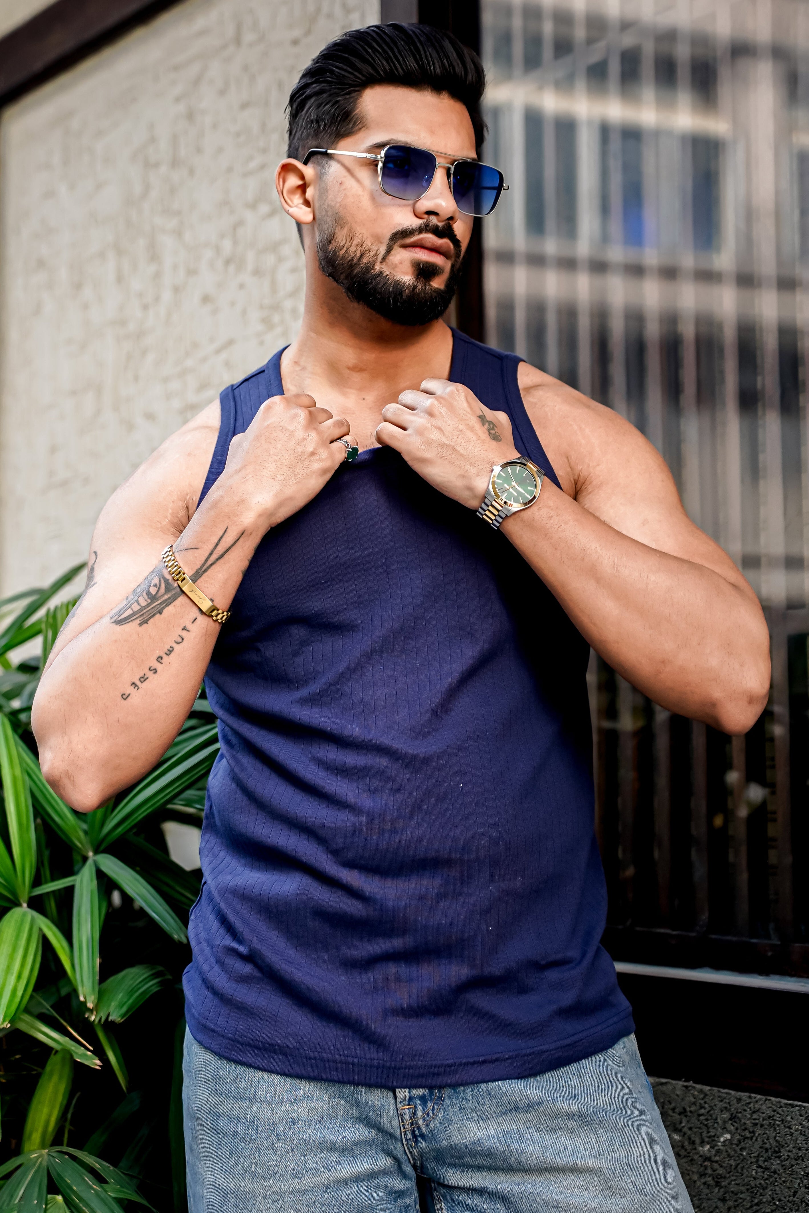 Navy Self Design Casual Vest