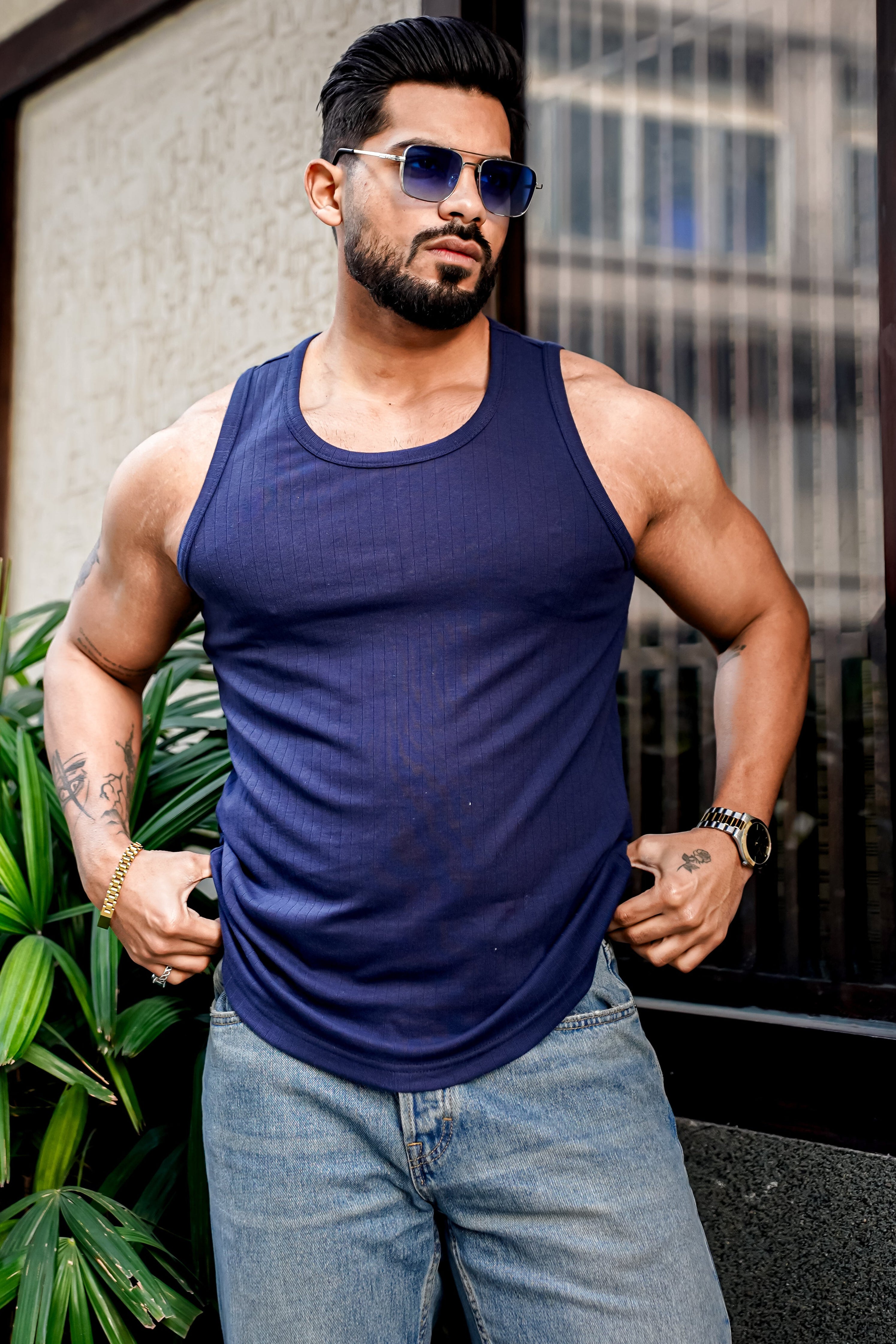 Navy Self Design Casual Vest