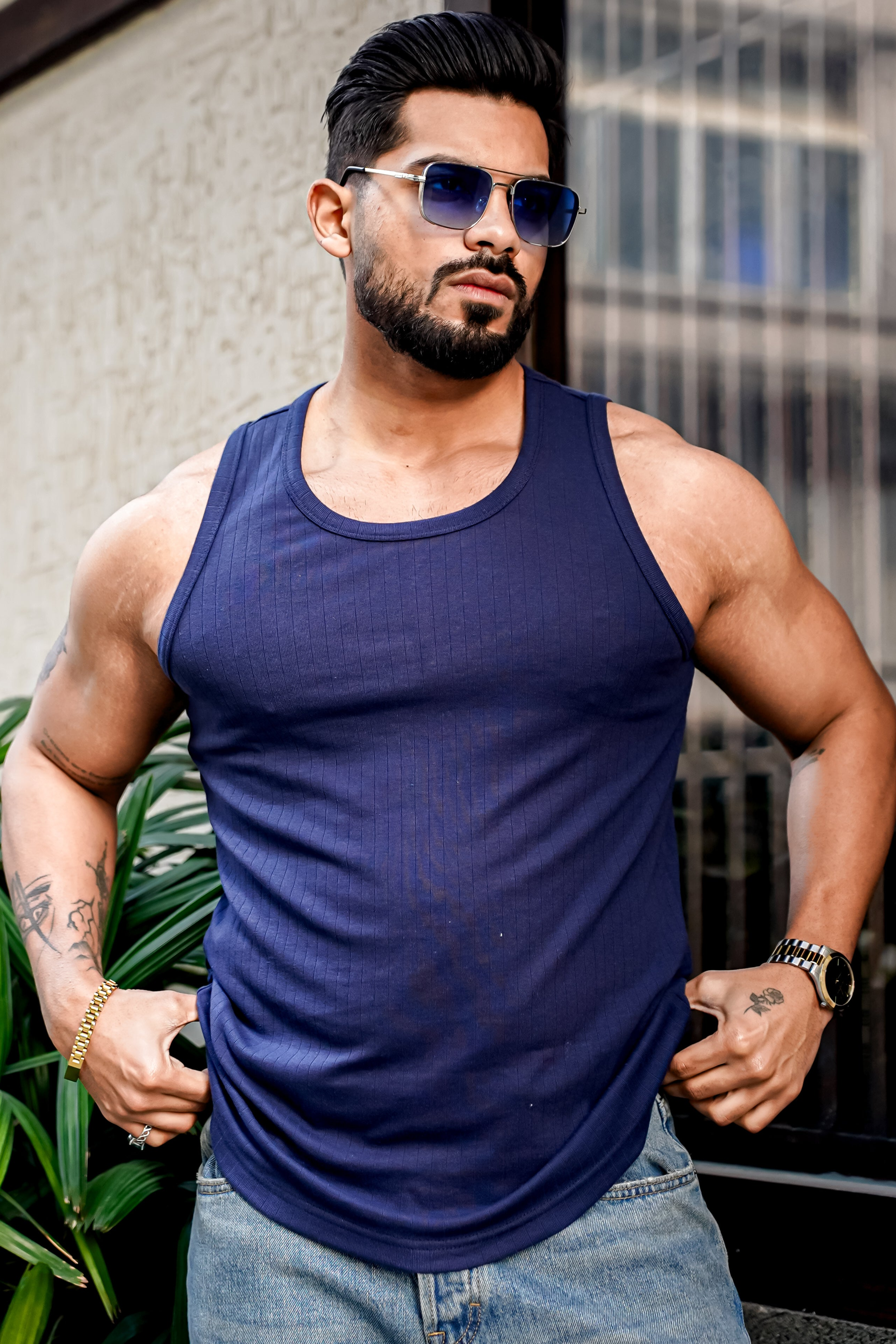 Navy Self Design Casual Vest