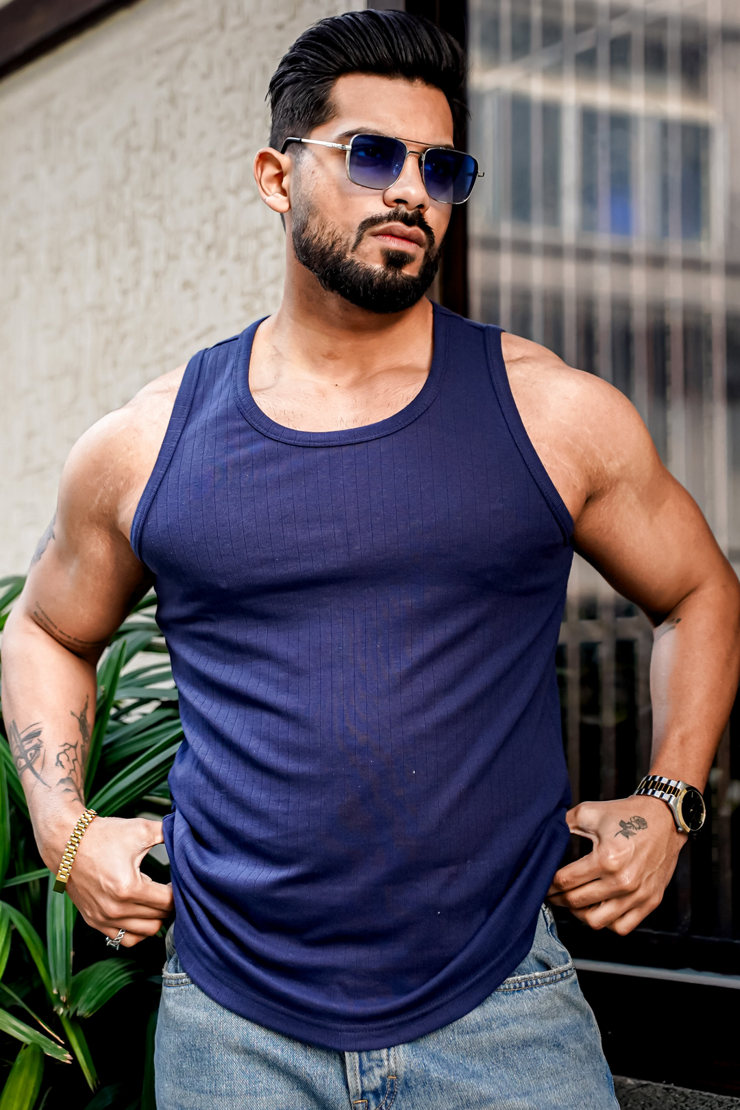 Navy Self Design Casual Vest